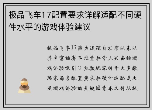极品飞车17配置要求详解适配不同硬件水平的游戏体验建议